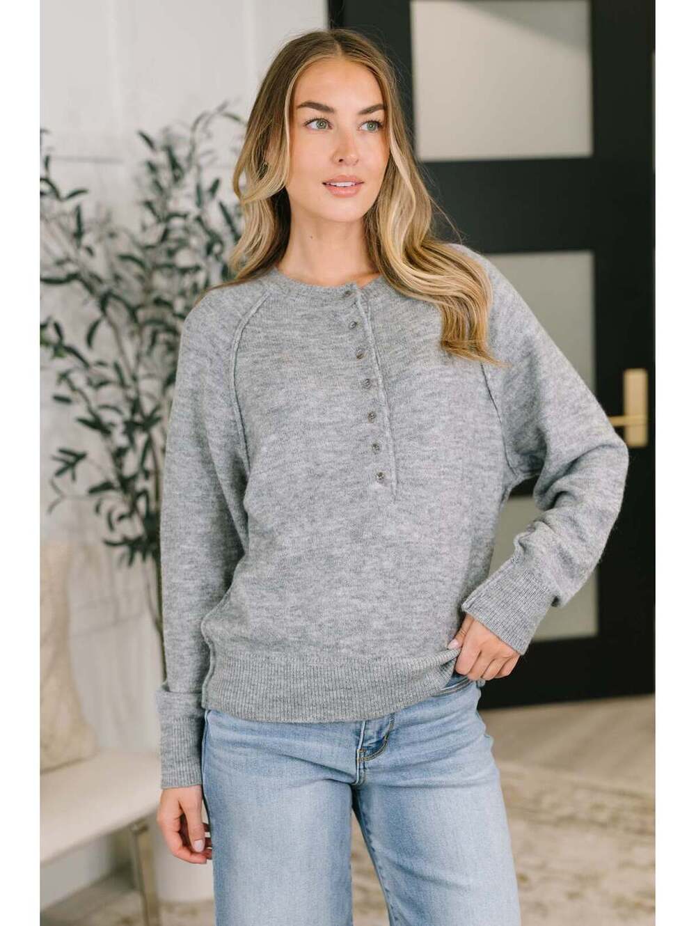 Just For Me Henley Brushed Pullover in Grey